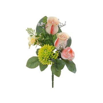 Decorative flower arrangement: rose, ranunculus, allium HOKUNA, stem, pink-yellow, 27 cm, Ø20 cm