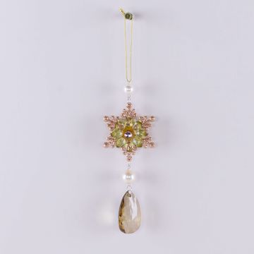Acrylic hanging ornament Ice flower ZERA, drops, glitter, green-gold, 6.3"/16cm, Ø2.4"/6cm