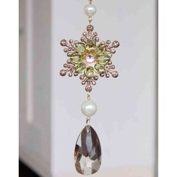 Acrylic hanging ornament Ice flower ZERA, drops, glitter, green-gold, 6.3"/16cm, Ø2.4"/6cm
