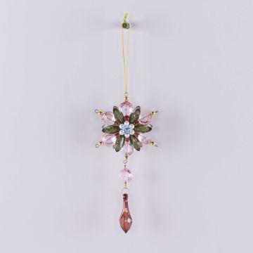 Acrylic hanging ornament Flower GARAH, drop, green-gold, 6.3"/16cm, Ø3.1"/8cm