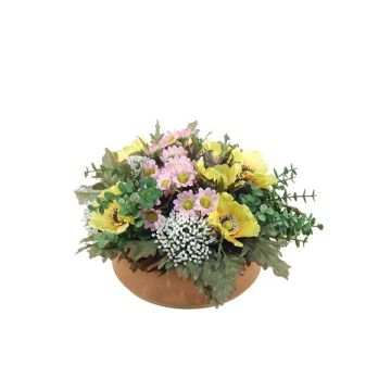 Artificial flower arrangement: anemones and astilbe ‘IGNATIO’ on a platter, yellow and pink, 17cm, Ø28cm