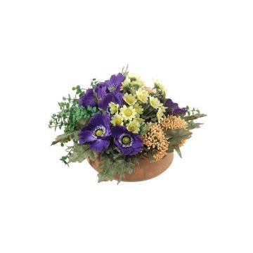 Artificial flower arrangement: anemones and astilbes ‘IGNATIO’ on a platter, purple and yellow, 17 cm, Ø 28 cm