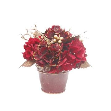 Artificial flower arrangement: hydrangea, SUKI berries, decorative pot, red and gold, 25 cm, Ø25 cm