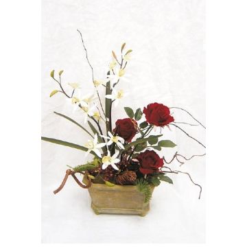 Artificial flower arrangement: Dendrobium orchid, TALIMA rose, decorative pot, red and white, 50 cm, Ø40 cm