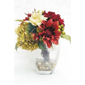 Artificial flower arrangement: Dahlia, Hydrangea THEES, decorative glass vase, red-cream-green, 30 cm, Ø25 cm