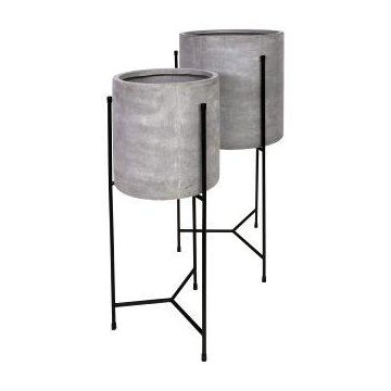 Round plant pot NARUKO with metal stand, 2 pieces, fibreglass, grey, 14"x30"/35x75cm, 18"x32"/45x82cm
