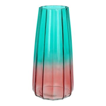 AMALFRIED glass vase with grooves, turquoise and pink, 21cm, Ø10cm