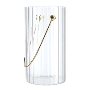 BLANDINA flower vase with handle, glass, ribbed, transparent-gold, 18 cm, Ø10 cm