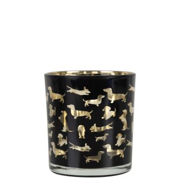 Tea light glass candle holder GEORGETTE with dachshund motif, mat black and shiny gold, 3.1"/8cm, Ø3"/7.5cm Tea light glass candle holder GEORGETTE with dachshund motif, mat black and shiny gold, 3.1"/8cm, Ø3"/7.5cm