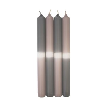 Dip Dye dinner candles LISSITA, 4 pieces, grey-silver-grey, 10"/25cm, Ø 0.9"/2,3cm, 11h