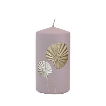Pillar candle LLUVIA with palm frond motif, mauve, 5"/13cm, Ø 2.8"/7cm, 52h