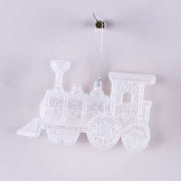 Acrylic hanging ornament Locomotive GEREON, glitter, white-silver, 4.7"x2.8"/12x7cm