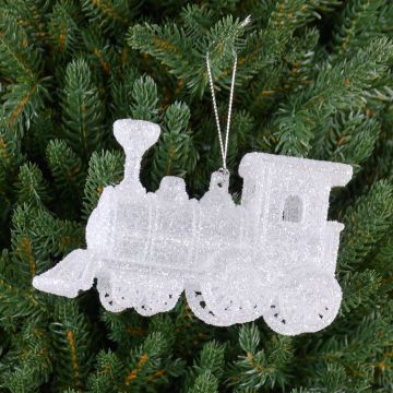 Acrylic hanging ornament Locomotive GEREON, glitter, white-silver, 4.7"x2.8"/12x7cm Acrylic hanging ornament Locomotive GEREON, glitter, white-silver, 4.7"x2.8"/12x7cm