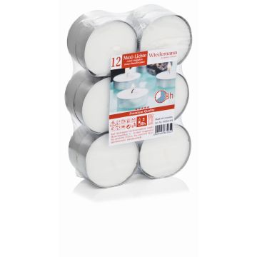 Set of 12 large tea lights, white, 0.7"/1,9cm, Ø2.2"/5,7cm, 8h