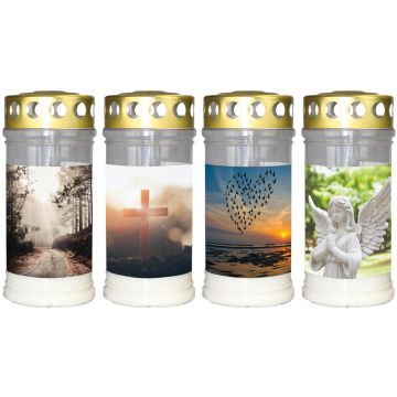 Grave light SAVINA with motif, lid, 4 pieces, white, 6.7"/17cm, Ø 3"/7,7cm, 96h