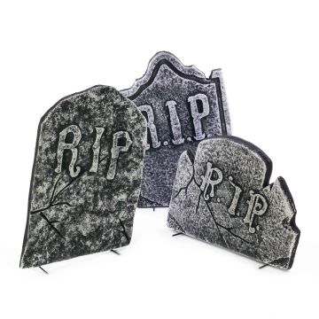 Halloween memorial stones / gravestones KRAMPUS, 3 pieces, stone-effect, polystyrene, skulls, 51cm, 50cm, 34cm