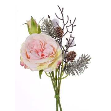 Artificial rose bouquet FANNI, cones, snow, pink, 12"/30cm, Ø 5.9"/15cm