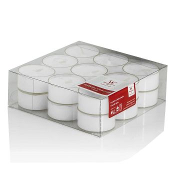 Set of 18 maxi tea lights / Tea light candle KENNY, white, 0.7"/1,8cm, Ø 1.5"/3,8cm, 4h