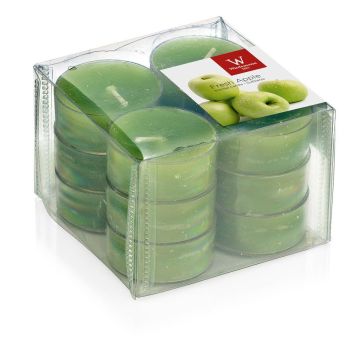 Set of 12 scented tea lights / Scented candle ASTRID, apple green, 0.6"/1,6cm, Ø 1.5"/3,7cm, 4h