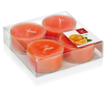Set of 4 maxi tea lights / Scented tea lights ASTRID, orange, 0.7"/1,9cm, Ø 2.2"/5,7cm, 8h