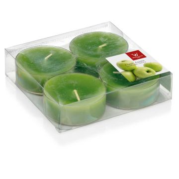 Set of 4 maxi tea lights / Scented tea lights ASTRID, apple green, 0.7"/1,9cm, Ø 2.2"/5,7cm, 8h