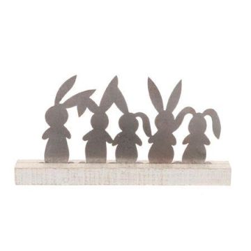 Decorative figurine Metal bunnies CINCO on wooden foot, natural-grey, 14"x2"x7"/35x5x18cm