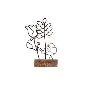 Decorative figurine PANINO with bird and flowers, metal, wooden base, black-brown, 5.1"x1.6"x7"/13x4x18,5cm
