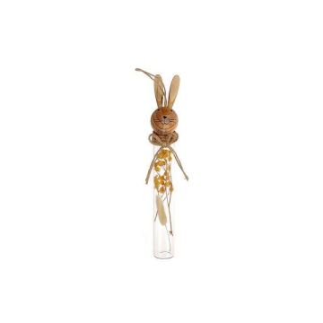 Decorative glass tube for hanging NARNIKA with bunny head and dried flowers, Easter decoration, yellow-brown, 2"x1.4"x10"/5x3,5x25cm
