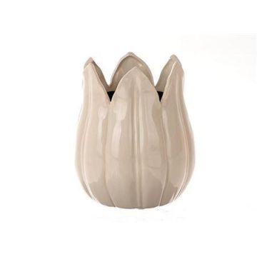 Flower pot TULPA in tulip head shape, ceramic, cream, 9"/23cm, Ø7"/19cm