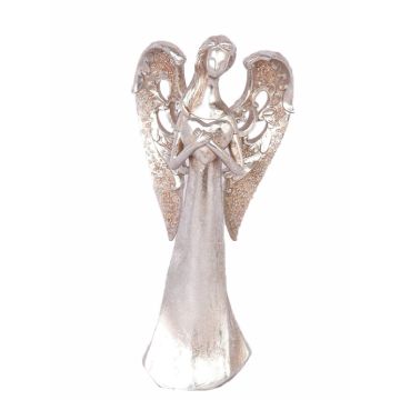 Decorative angel figure PINTA, heart in hands, silver-copper, 12"/30cm