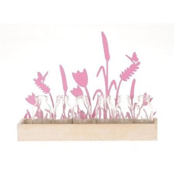 Decorative tray made of wood HIFTU with 6 glass bottles, zinc flowers, pink, 14"x2.4"x11"/35x6x28,5cm