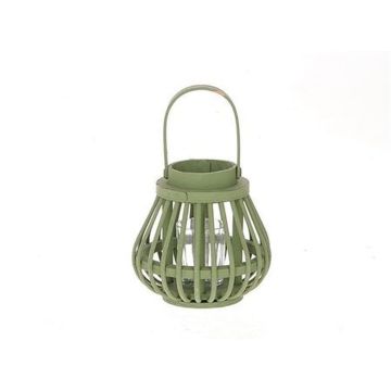 Wooden lantern CHARITHRA with handle, glass insert, green, 6"/15cm, Ø6"/15,5cm