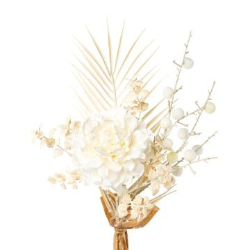 Artificial peony bouquet AYMA with balloon spurge, palm leaf, cream, 24"/60cm