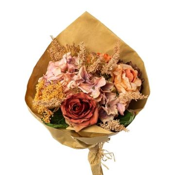 Artificial rose, hydrangea and skimmia bouquet FORTA, orange-salmon-dusky pink, 20"/50cm