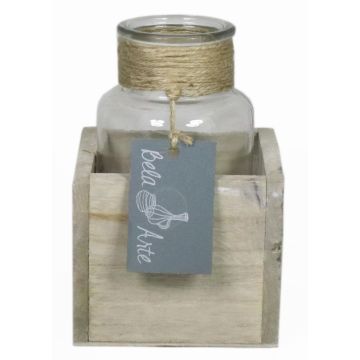 Glass bottle LORRIE in wooden box, clear, 3.5"x3.5"x5.1"/9x9x13cm