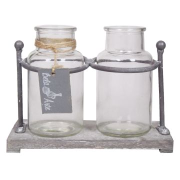 Glass bottles LORRIE with wooden stand, 2 glasses, clear, 8"x4"x5.7"/19,5x10x14,5cm