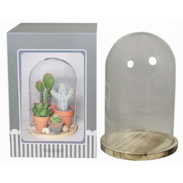 Glass bell SABIKA with marbled wooden base, clear, 10"/25cm, Ø7"/17,5cm