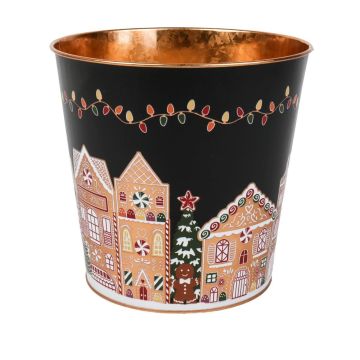 Zinc plant pot MAVETA with gingerbread house motif, black-copper, 7.1"/18cm, Ø8"/20.5cm Zinc plant pot MAVETA with gingerbread house motif, black-copper, 7.1"/18cm, Ø8"/20.5cm