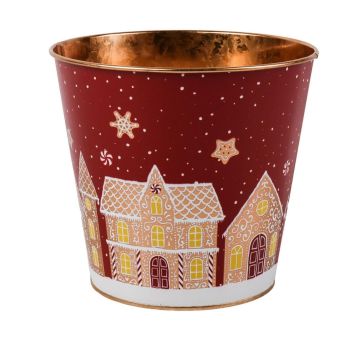 Zinc plant pot MAVETA with gingerbread house motif, dark red-copper, 7.1"/18cm, Ø8"/20.5cm Zinc plant pot MAVETA with gingerbread house motif, dark red-copper, 7.1"/18cm, Ø8"/20.5cm