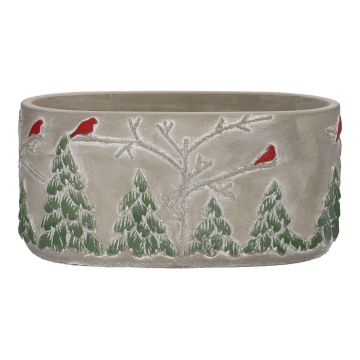 Oval concrete flower bowl MILKE, wintery bird motif, grey-red-green, 8"x4.6"x4"/20,5x11,8x10cm