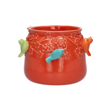 Ceramic flower pot BIRDIE, with 3D birds, red-blue-green-orange, 4.3"/11cm, Ø5.3"/13,5cm