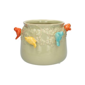 Ceramic flower pot BIRDIE, with 3D birds, green-orange-yellow-blue, 4.3"/11cm, Ø5.3"/13,5cm