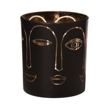 Glass tealight holder LEOLINE with faces, black-gold, 3.1"/8cm, Ø2.8"/7cm