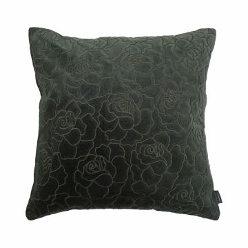 Velvet cushion ALAIA, rose pattern, forest green, 18"x18"/45x45cm