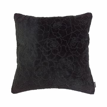 Velvet cushion ALAIA, rose pattern, black, 18"x18"/45x45cm