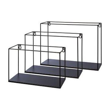 Industrial metal wall shelf QUIANA, 3 pieces, black, 12"x5.1"x8"/30x13x20cm, 13"x5.1"x10"/34x13x25cm, 16"x5.1"x12"/40x13x30cm
