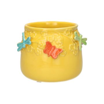 Ceramic planter KIMANA, 3D butterflies dragonflies, yellow-orange-blue-green, 4.3"/11cm, Ø5.3"/13,5cm