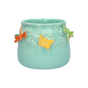 Ceramic planter KIMANA, 3D butterflies dragonflies, blue-orange-yellow-green, 4.3"/11cm, Ø5.3"/13,5cm