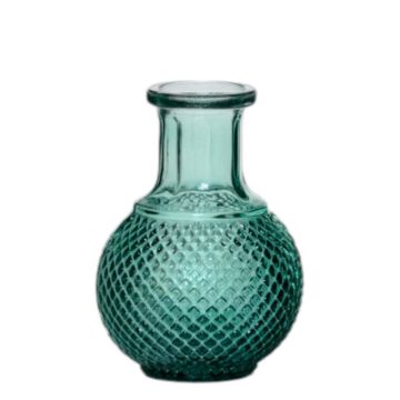 Bottle DONKA of glass, diamond pattern, turquoise-transparent, 4.5"/11.5cm, Ø3.3"/8.5cm Bottle DONKA of glass, diamond pattern, turquoise-transparent, 4.5"/11.5cm, Ø3.3"/8.5cm