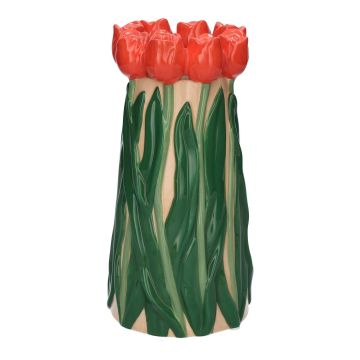 Decorative vase LIMEA made of dolomite, 3D tulips, beige-red-green, 10"/24,5cm, Ø4.9"/12,5cm